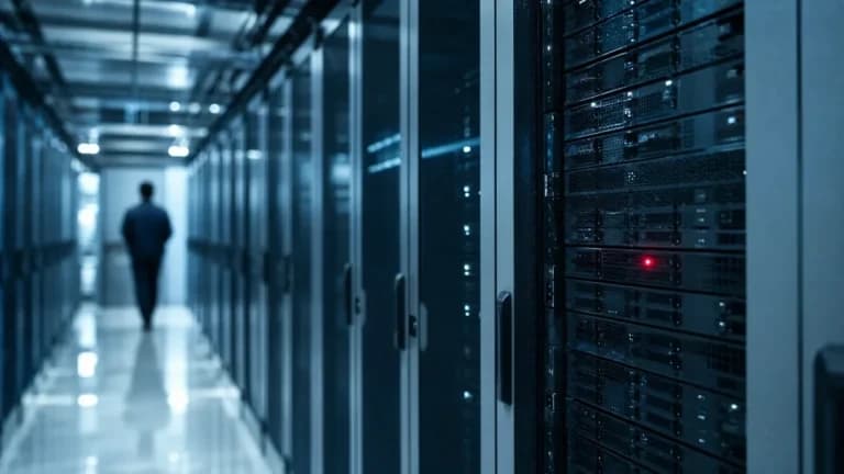 "Corridoio di data center freddo con un solo led rosso acceso su un server"