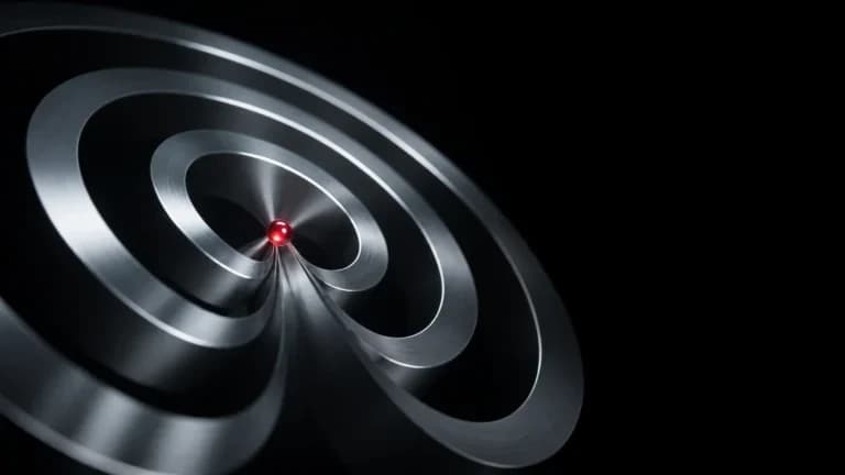 "Tre cerchi metallici che si fondono in una sfera rossa: AI Max che unisce tre tecnologie"