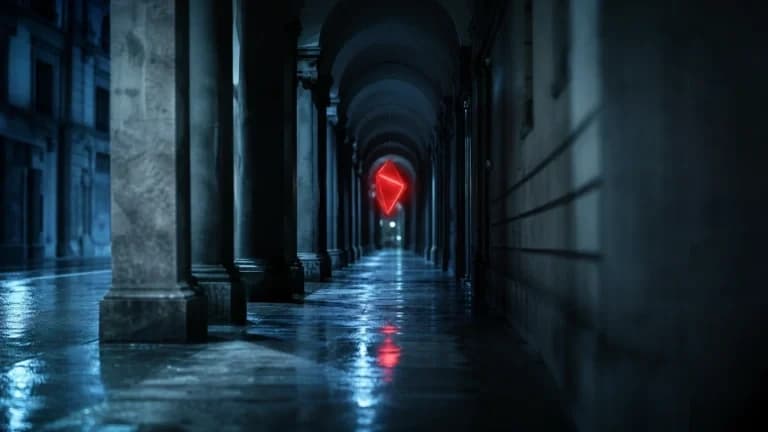 "Porticato bolognese in chiave cyberpunk fredda con un'insegna rossa sospesa: il territorio raccontato"