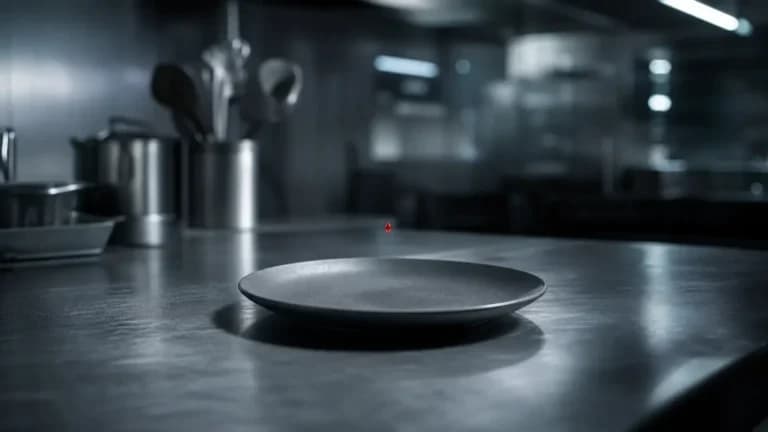 "Piano cucina d'acciaio con goccia di salsa rossa sospesa sopra il piatto: il momento prima dell'impiattamento"