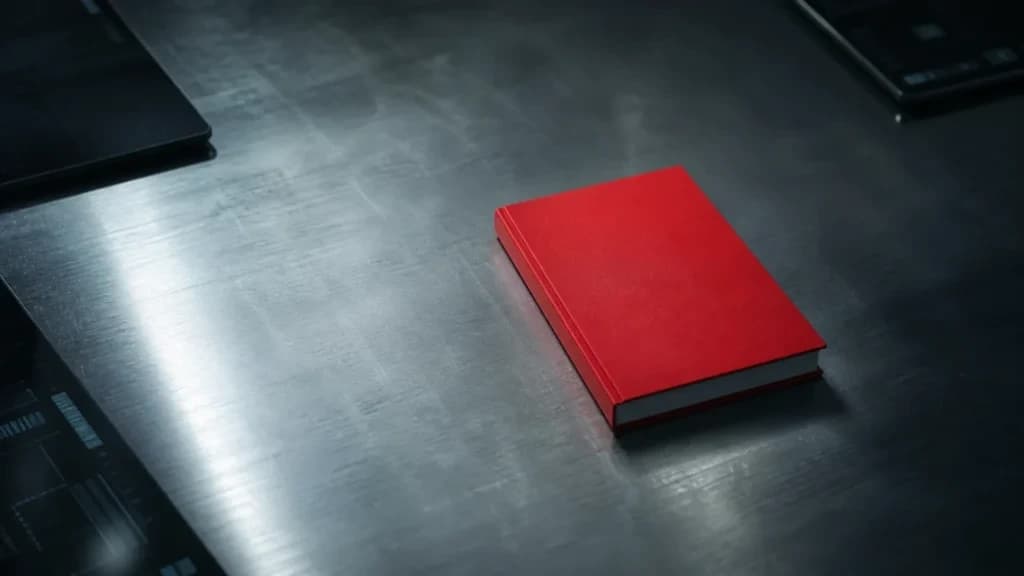 "Libro rosso dei fondamentali di marketing su una scrivania in acciaio tra schermi spenti"