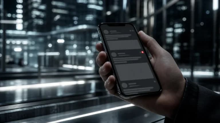 "Smartphone con feed grigio e un solo badge rosso acceso in una città fredda"