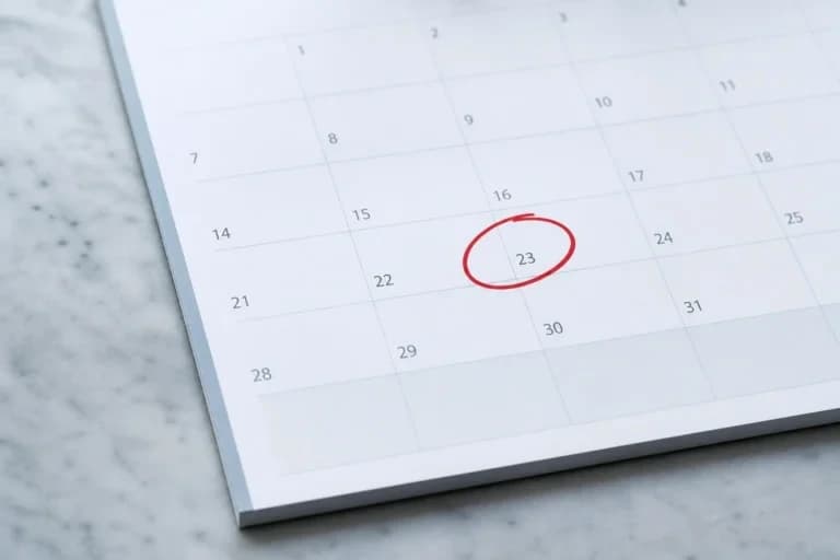 "Griglia di calendario freddo con un cerchio rosso a mano su una cella: il giorno chiave del piano"