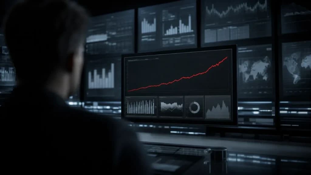 "Parete di monitor con dashboard pubblicitarie e una sola curva rossa che sale"