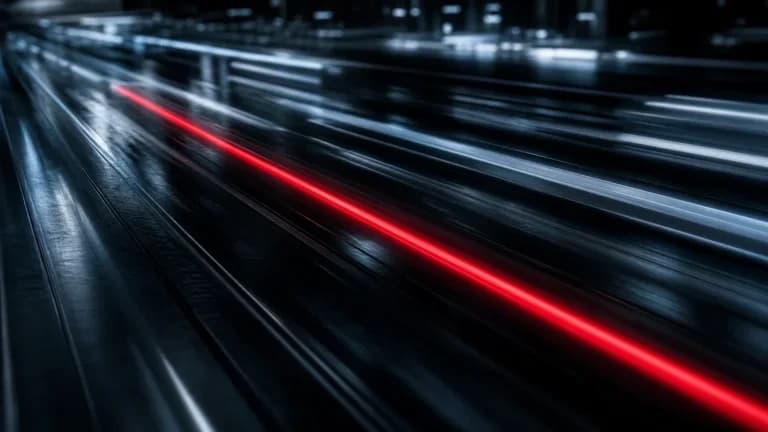 "Scie di velocità in motion blur su superficie nera, una sola scia rossa nitida che supera le altre"
