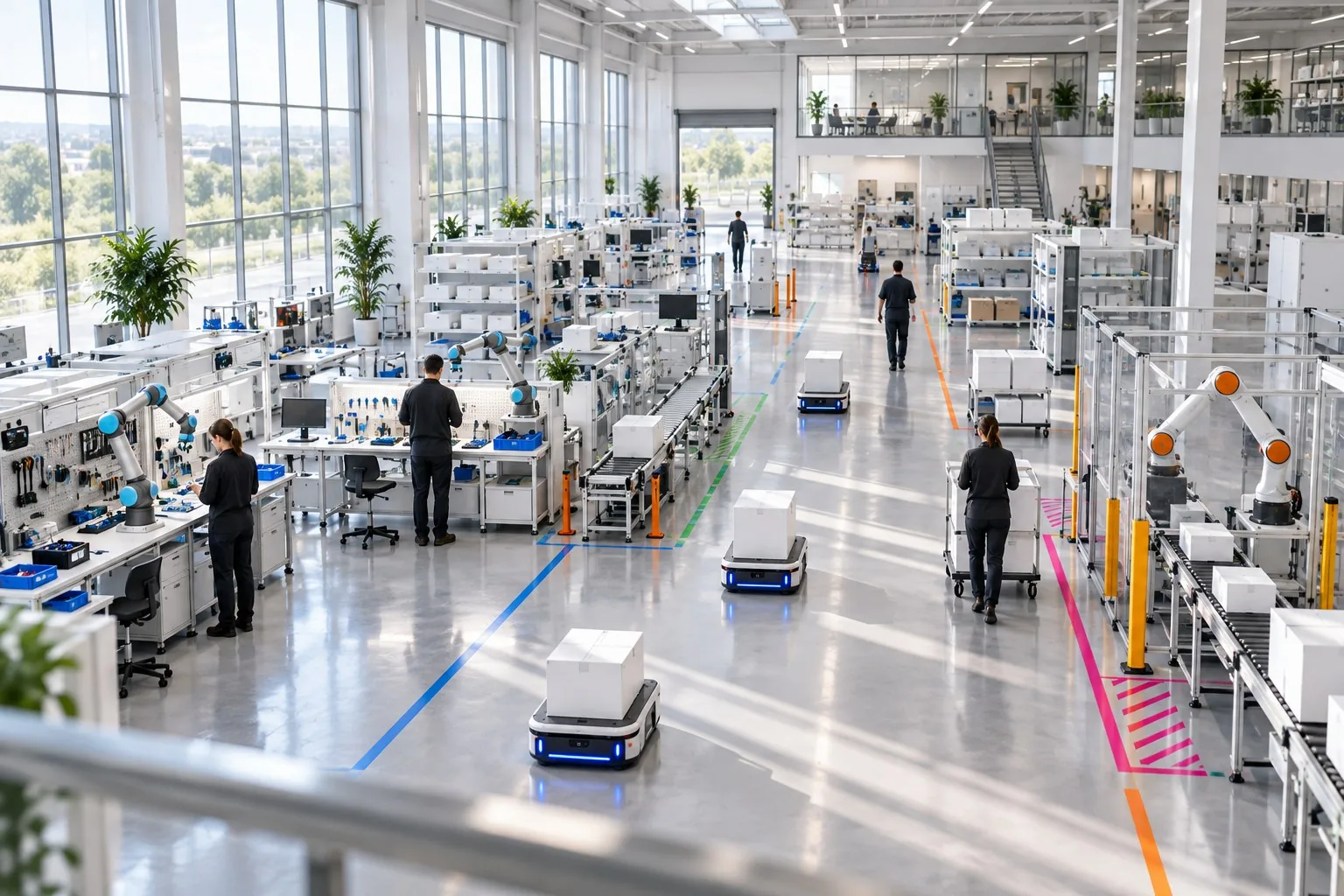 Reparto produttivo luminoso visto dall'alto, con banchi di lavoro, robot collaborativi e carrelli automatici
