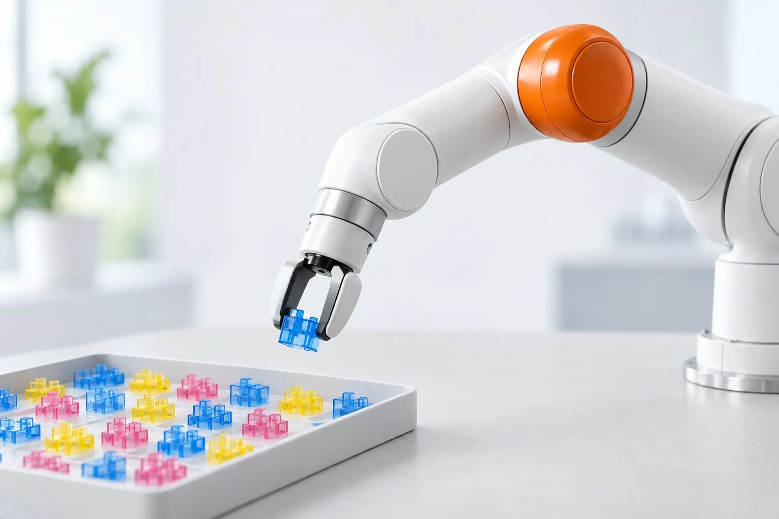 Braccio robotico bianco che solleva un piccolo componente colorato