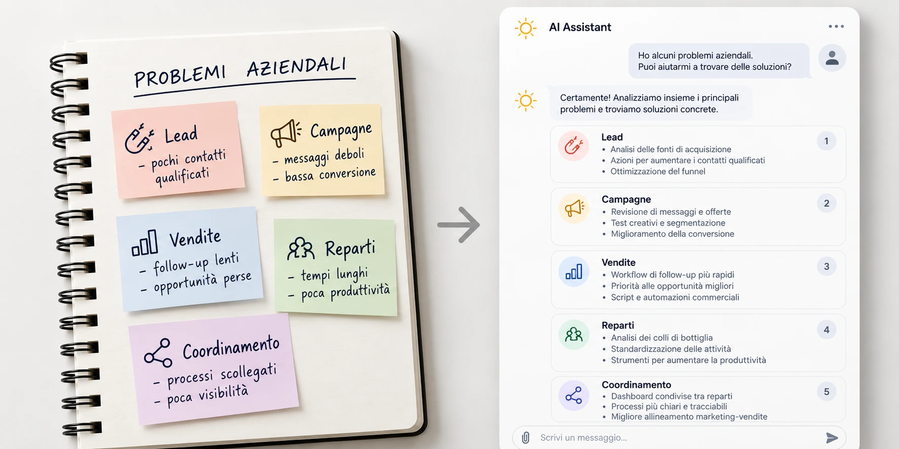 Taccuino con i problemi aziendali su foglietti colorati (contatti, campagne, vendite, reparti, coordinamento) e, accanto, un assistente di intelligenza artificiale che propone le soluzioni per ciascuno