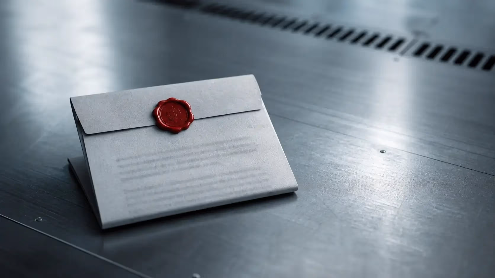 "Lettera grigia piegata su scrivania d'acciaio con sigillo di ceralacca rosso: il brief firmato"