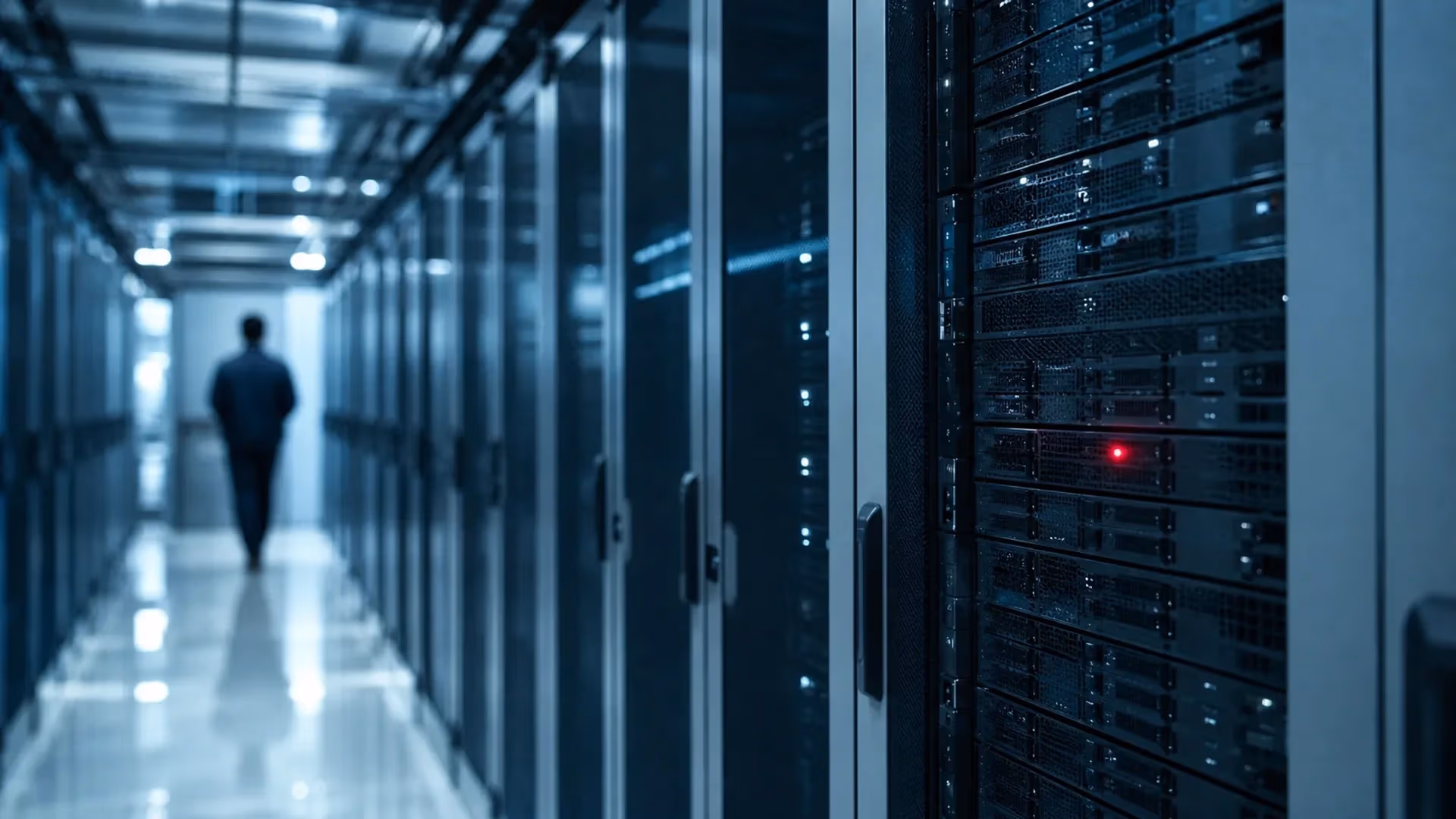 "Corridoio di data center freddo con un solo led rosso acceso su un server"