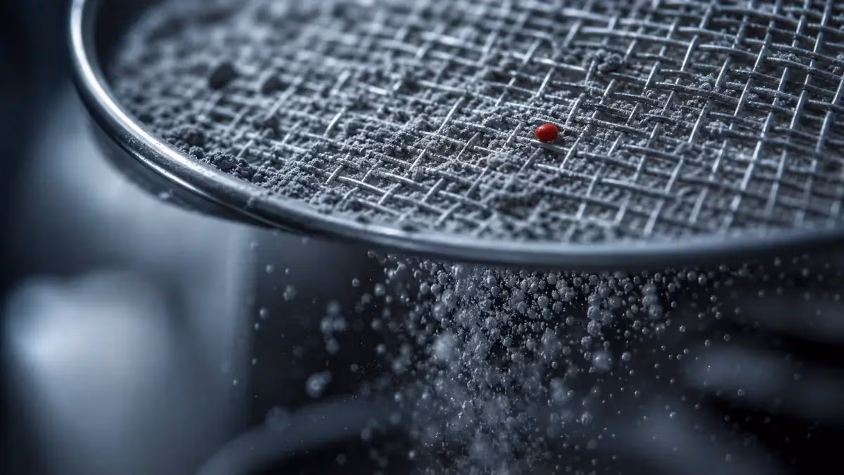 "Setaccio metallico con polvere grigia che cade e un granello rosso in cima: il segmento utile filtrato"