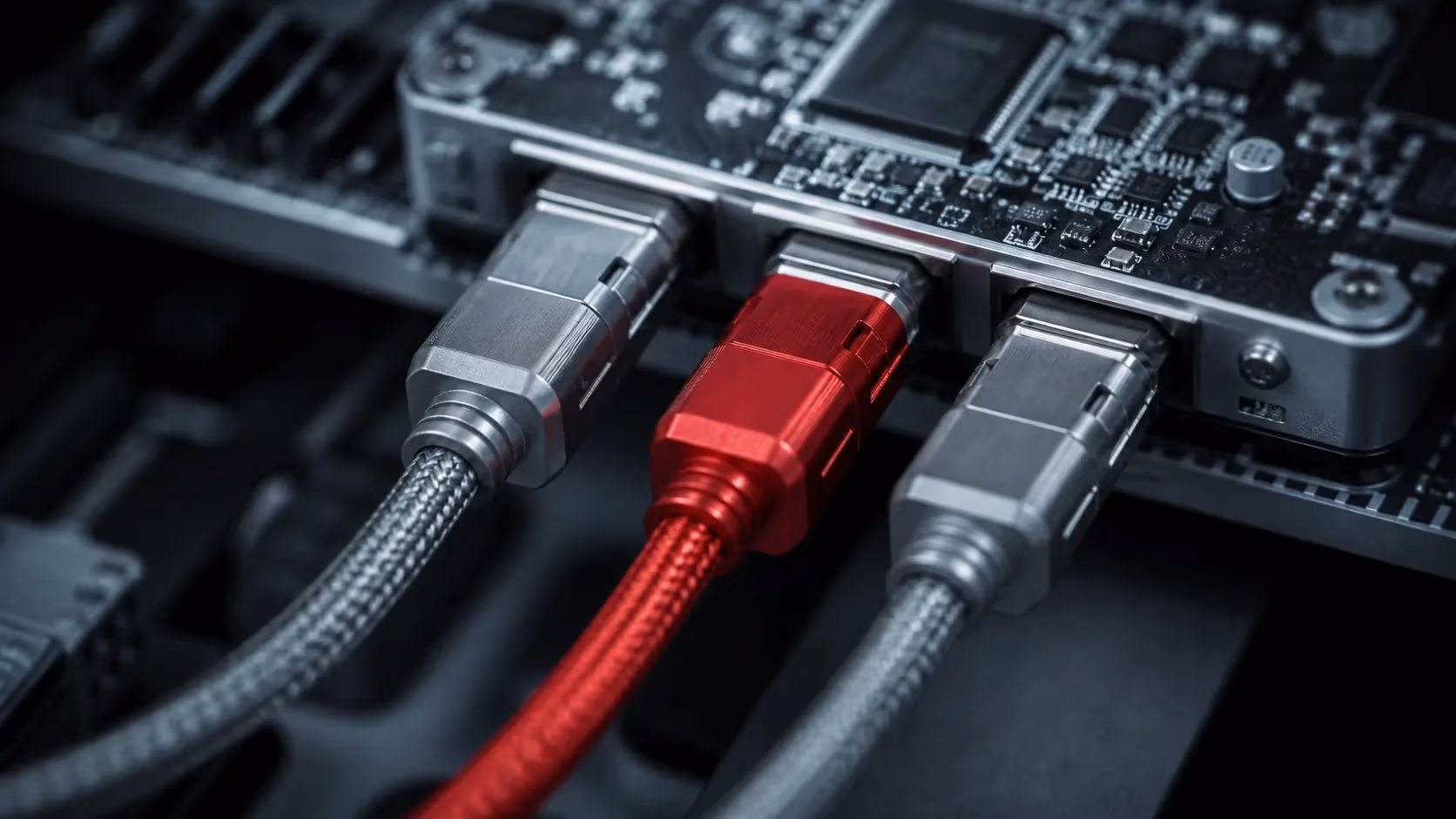 "Tre cavi connessi a una scheda, il centrale rosso: i tre componenti del setup tecnico"