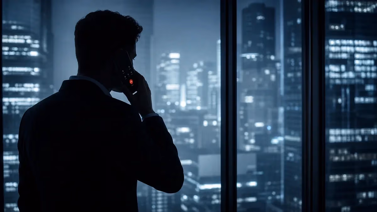 "Professionista di profilo al telefono davanti allo skyline, con il tasto di chiamata rosso acceso"