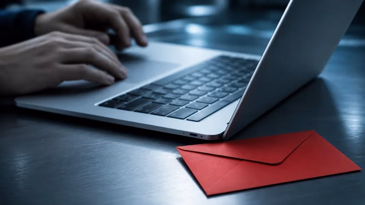 "Laptop su scrivania metallica con una busta rossa accanto alla tastiera"