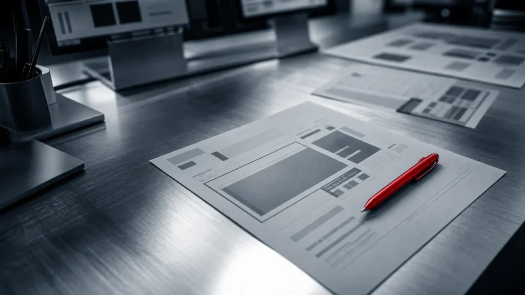 "Penna rossa su una bozza stampata in una scrivania d'acciaio: il copywriting che conta"