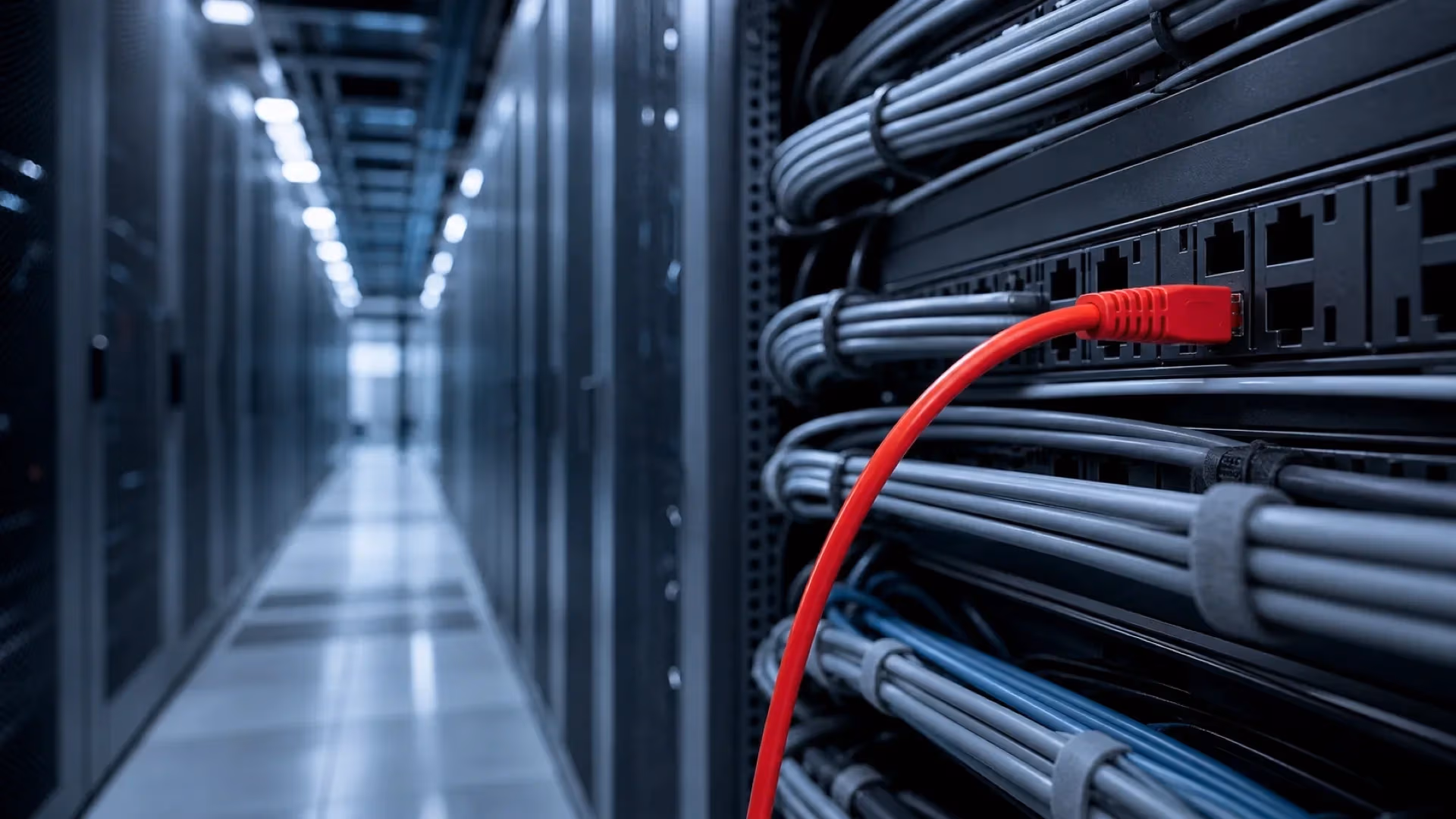 "Cavo rosso collegato in una sala server fredda, la tecnologia AI che entra nel marketing"