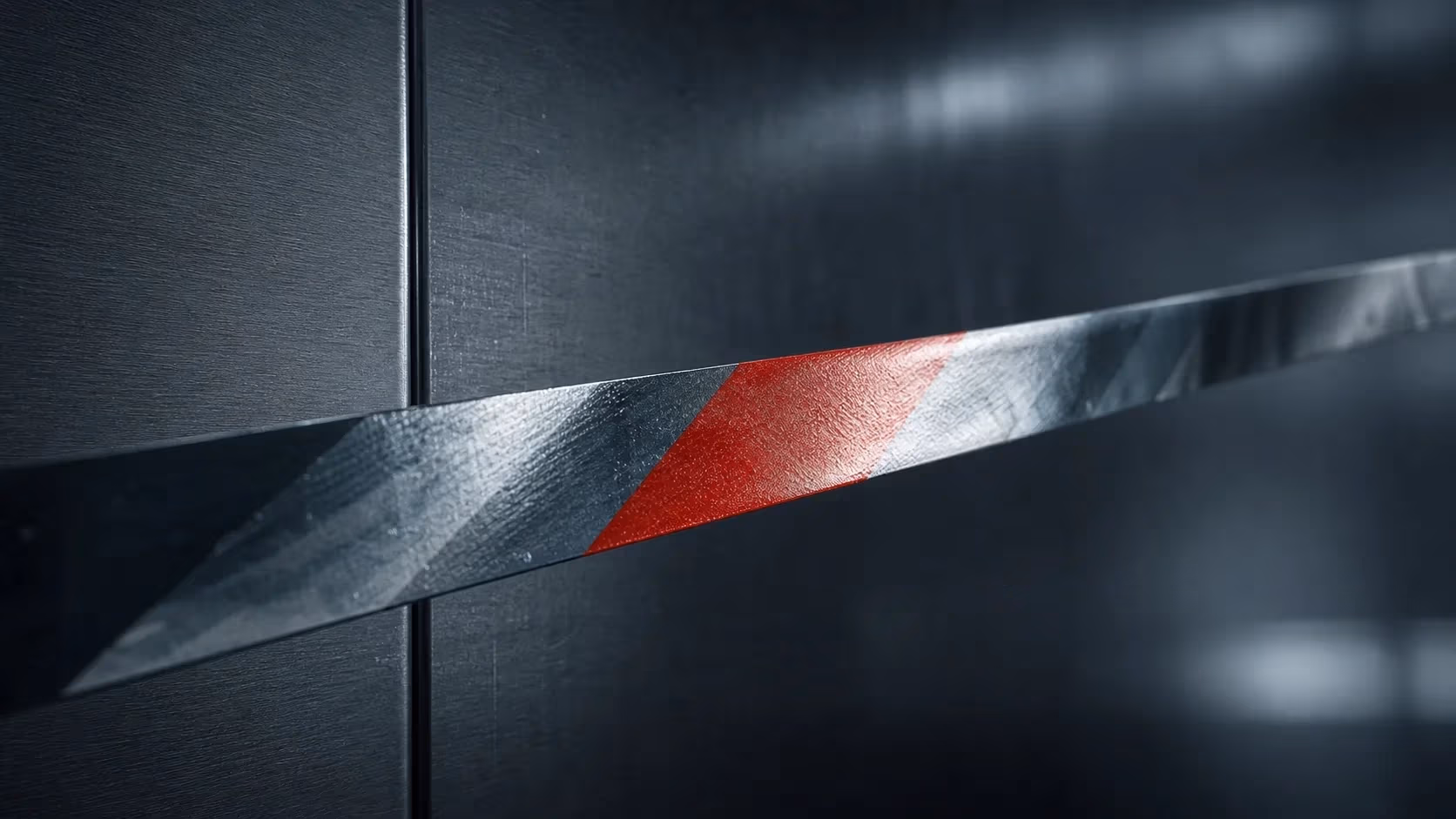 "Nastro delimitatore metallico con striscia rossa: il confine che le negative keyword tracciano"