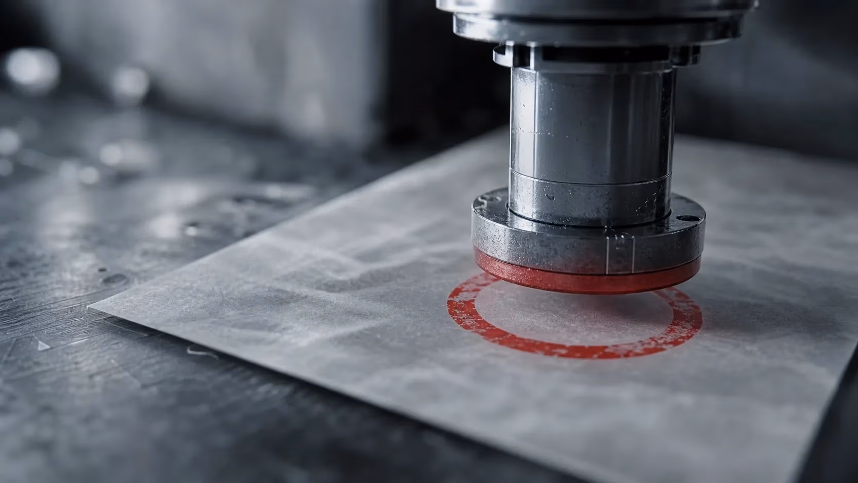 "Timbro metallico con impronta rossa su foglio grigio: il disclaimer integrato"