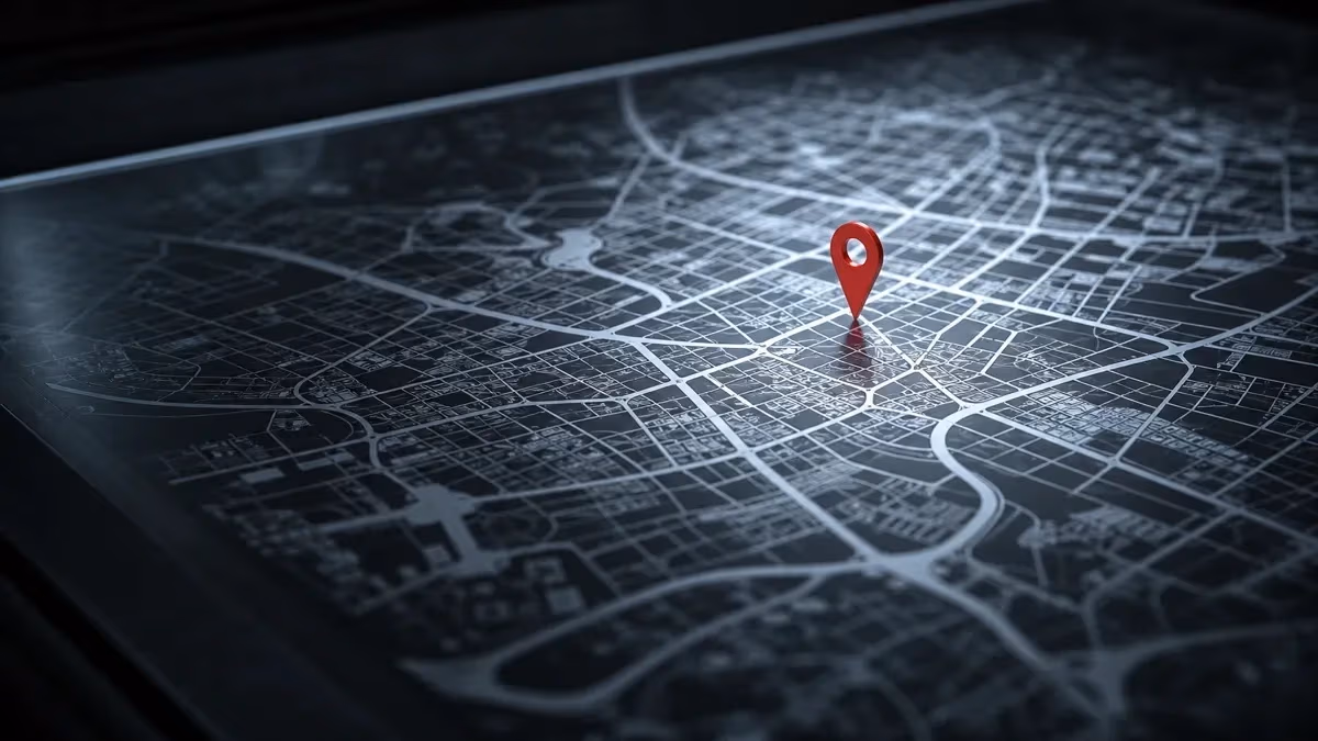 "Mappa urbana desaturata con un solo pin rosso sulla zona di targeting"