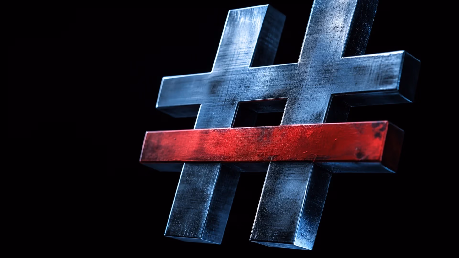 "Hashtag metallico tridimensionale con una linea rossa: il segno che fa la differenza"