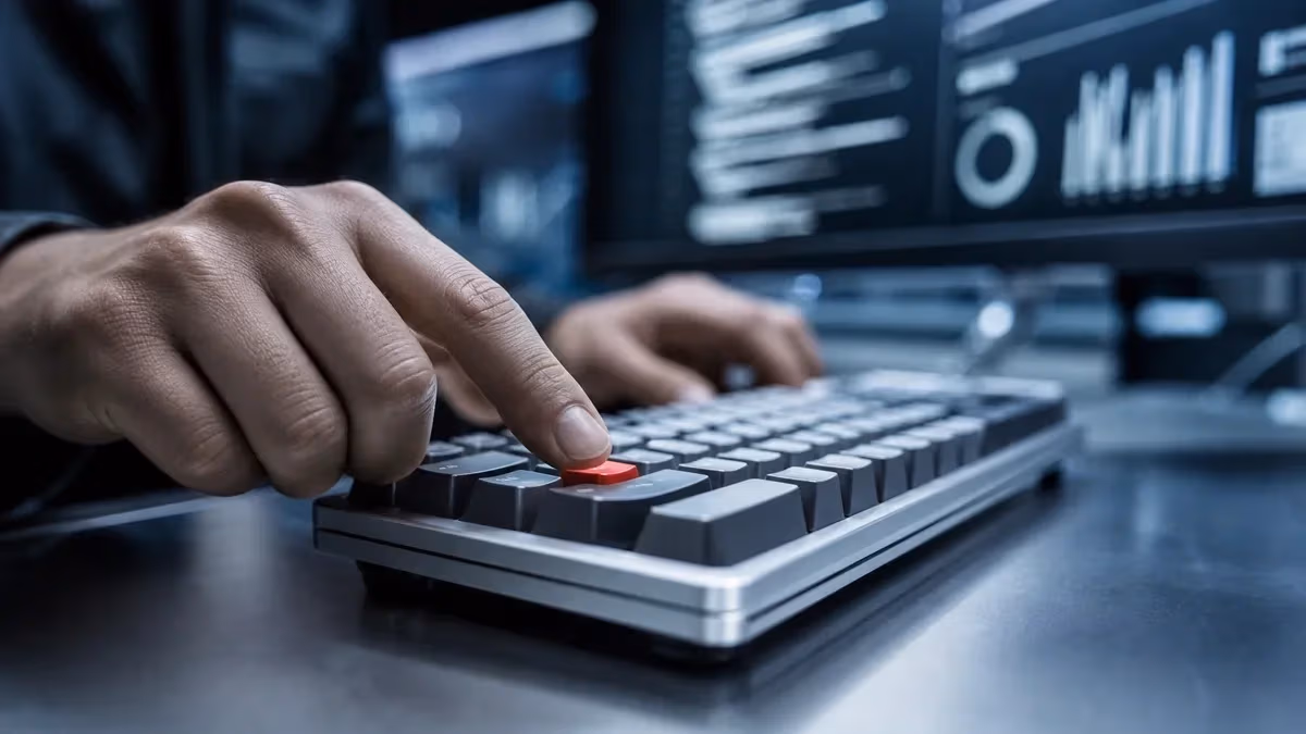 "Mani sulla tastiera con un tasto rosso premuto, tra codice e dashboard di marketing"