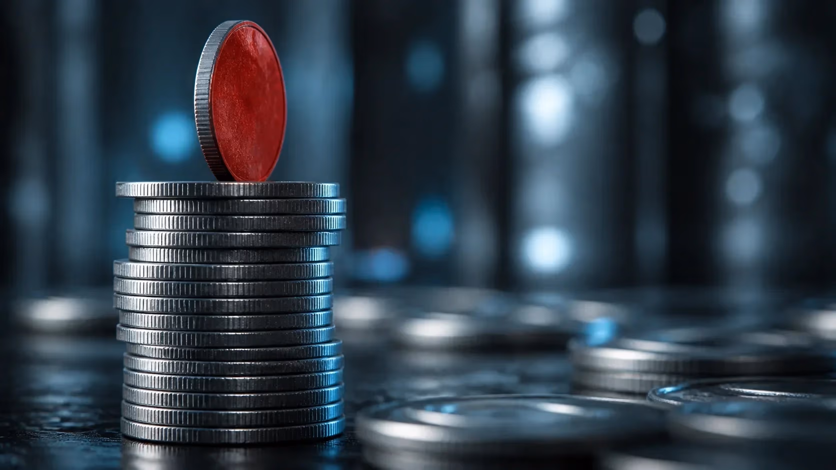 "Pila di monete metalliche grigie con una moneta rossa verticale in cima: il budget minimo"
