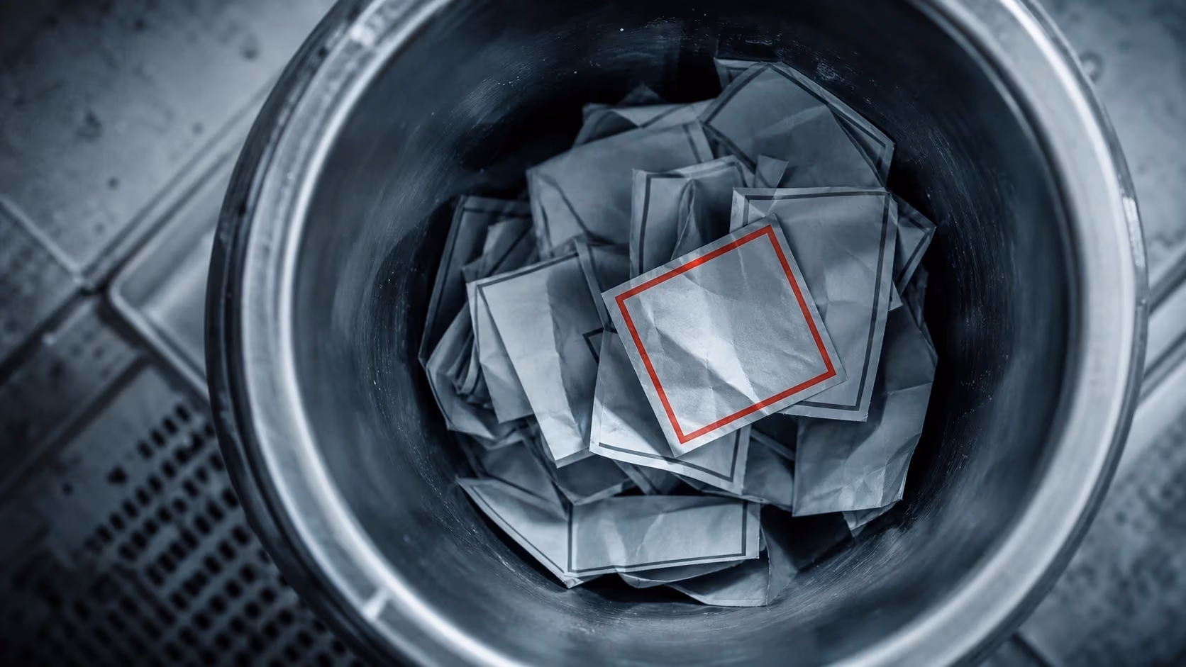 "Cestino metallico con etichette grigie accartocciate, una con bordo rosso: le vanity metric da buttare"