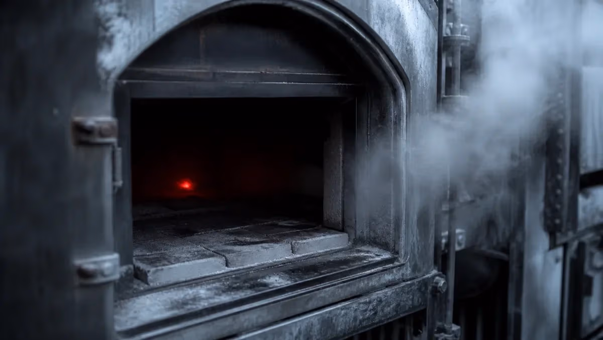 "Bocca di forno industriale fredda con una brace rossa accesa dentro: il fuoco della cucina"