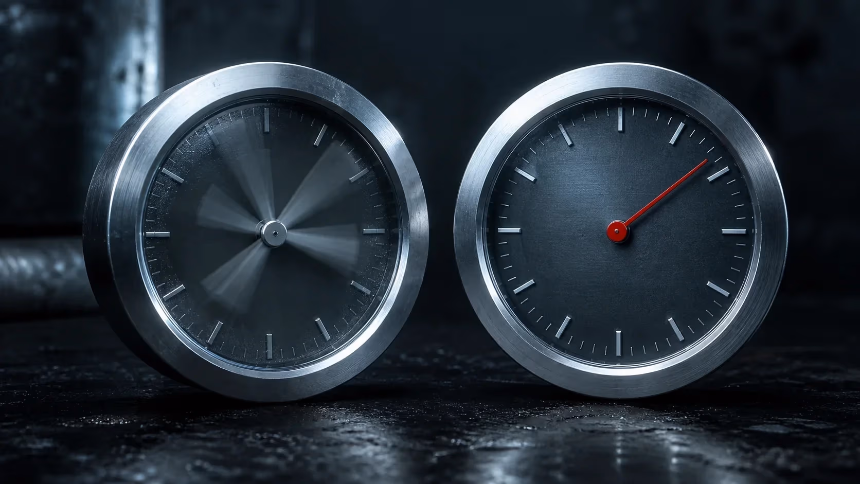 "Due orologi metallici, uno veloce e uno con lancetta rossa lenta: il ritmo lungo vs breve"