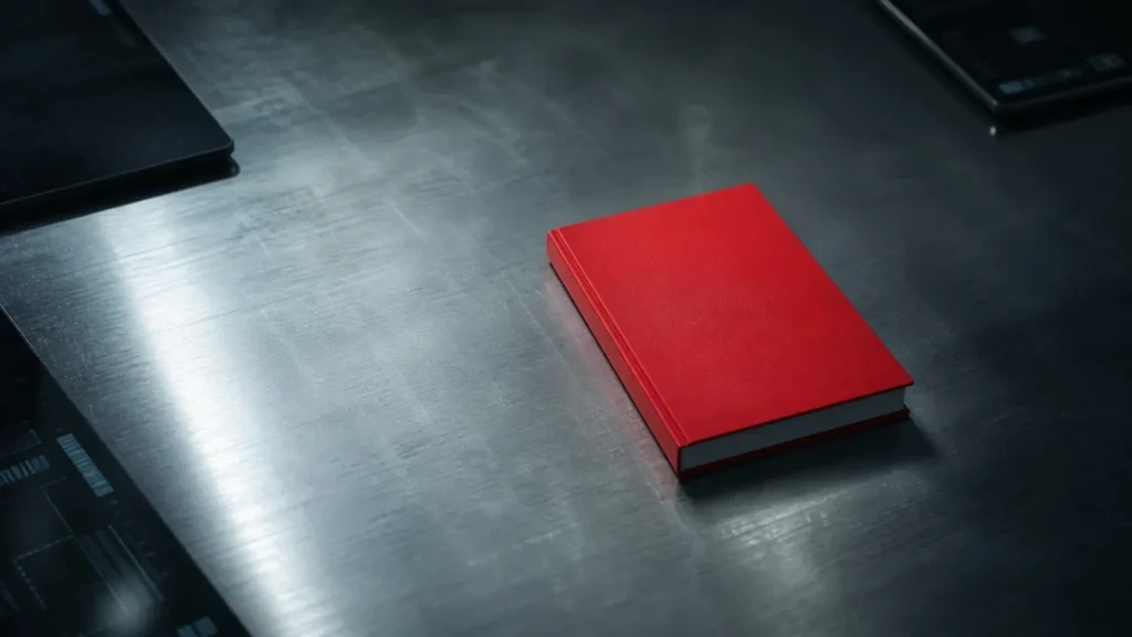 "Libro rosso dei fondamentali di marketing su una scrivania in acciaio tra schermi spenti"