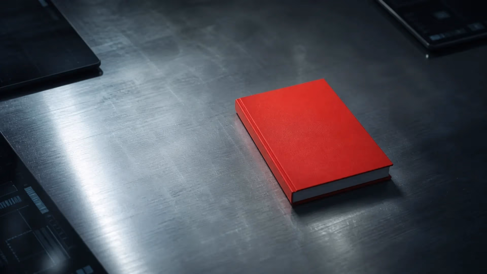"Libro rosso dei fondamentali di marketing su una scrivania in acciaio tra schermi spenti"