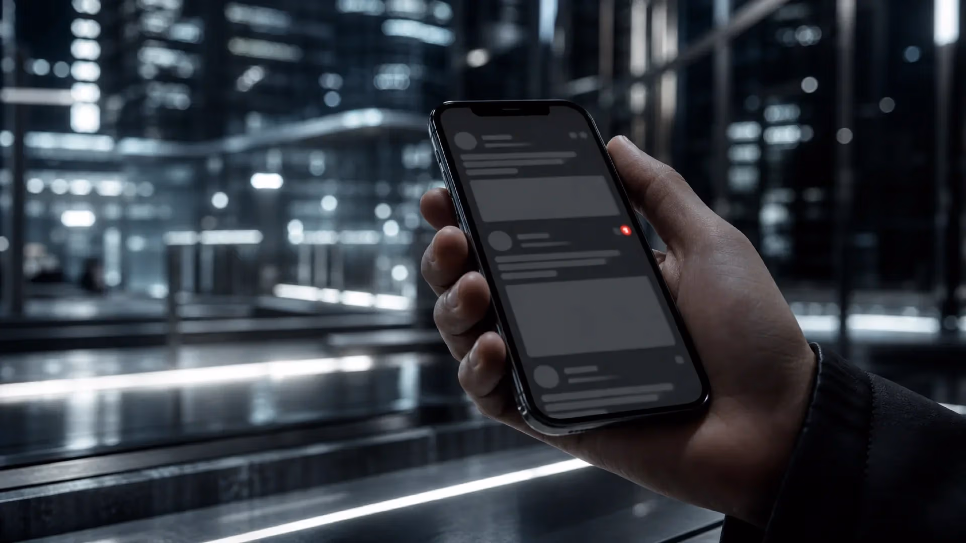 "Smartphone con feed grigio e un solo badge rosso acceso in una città fredda"