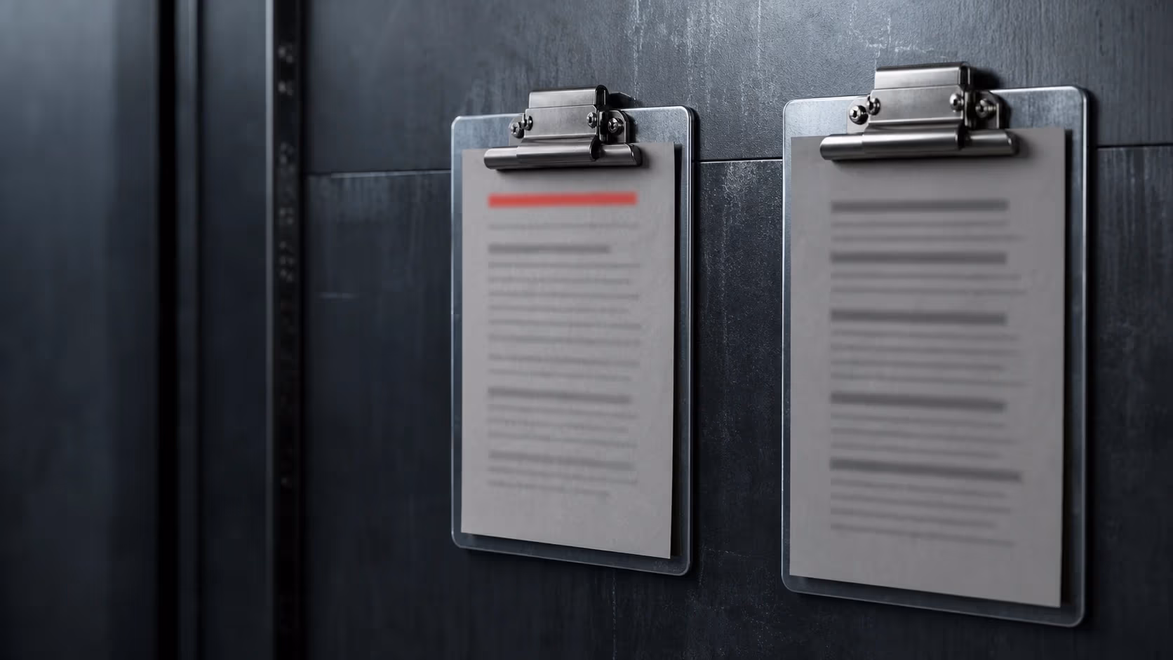 "Due clipboard metalliche con liste, una con la prima riga rossa: la lista exclusion dedicata"