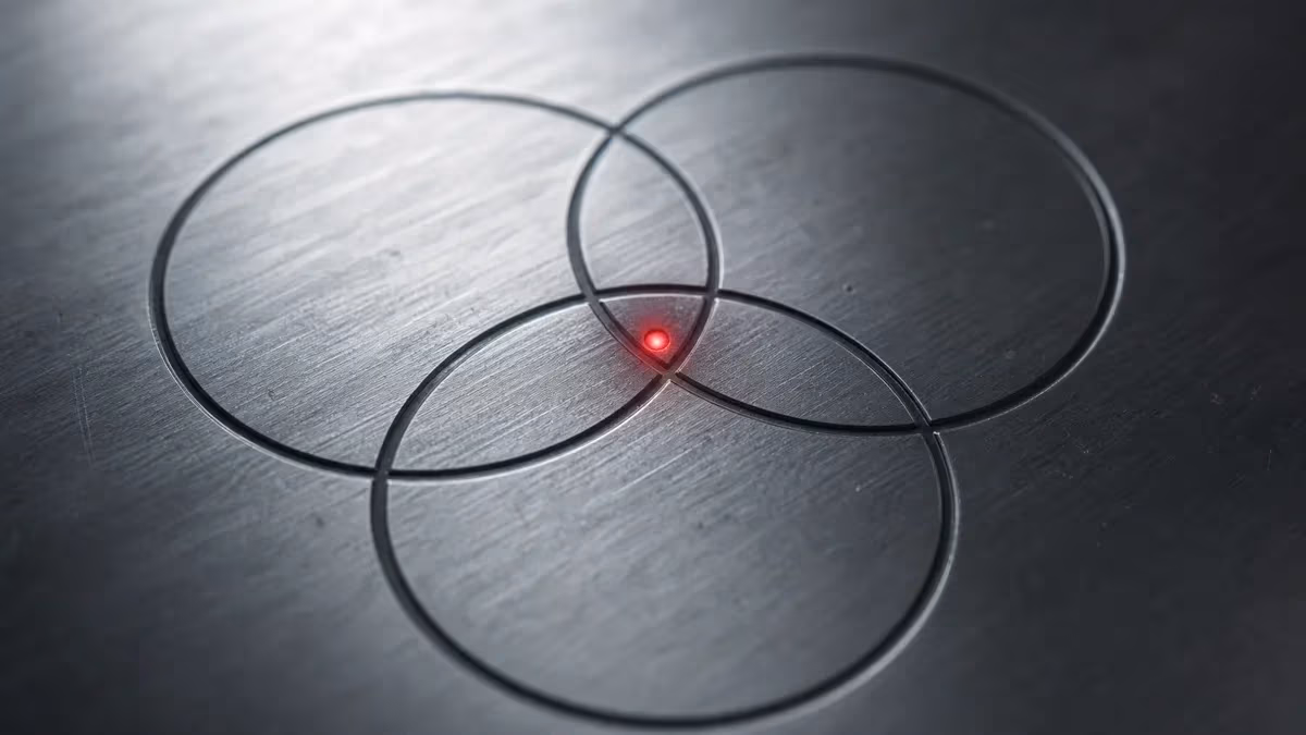 "Diagramma di Venn d'acciaio con puntino rosso all'intersezione: il segnale che funziona su tutti i motori"