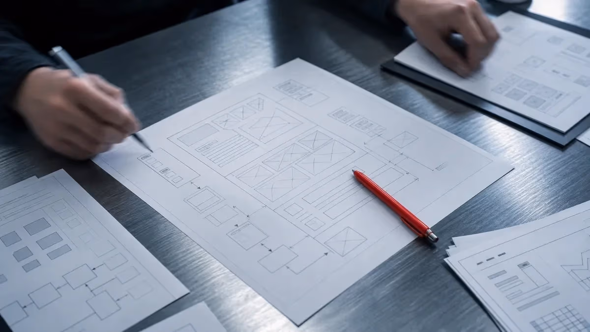 "Penna rossa sul piano di lavoro in acciaio con wireframe stampati: le priorità del piano marketing"