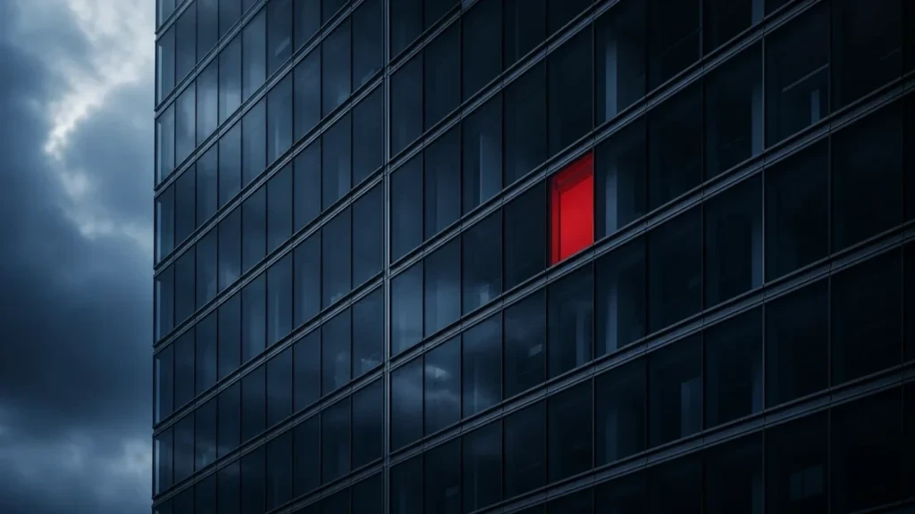 "Facciata di vetro freddo con una sola finestra illuminata di rosso: il sito che si nota tra mille"
