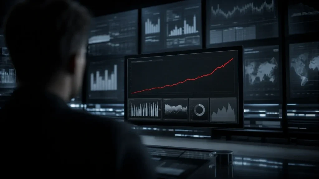"Parete di monitor con dashboard pubblicitarie e una sola curva rossa che sale"