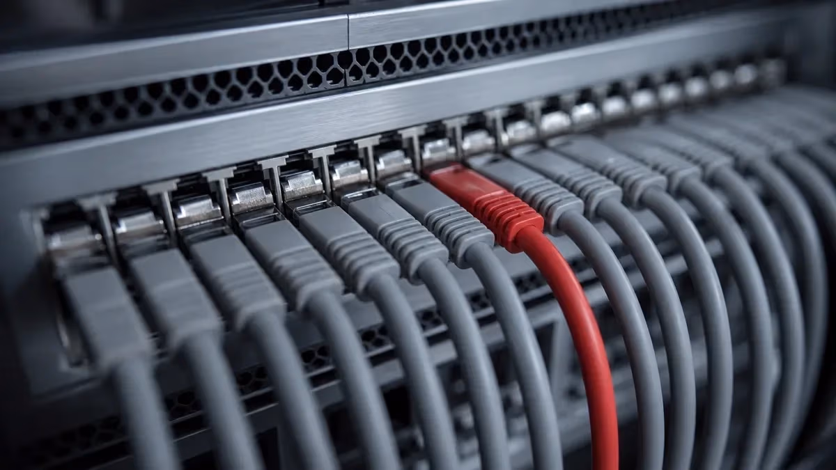 "Rack server con cavi grigi identici e un solo cavo rosso collegato"