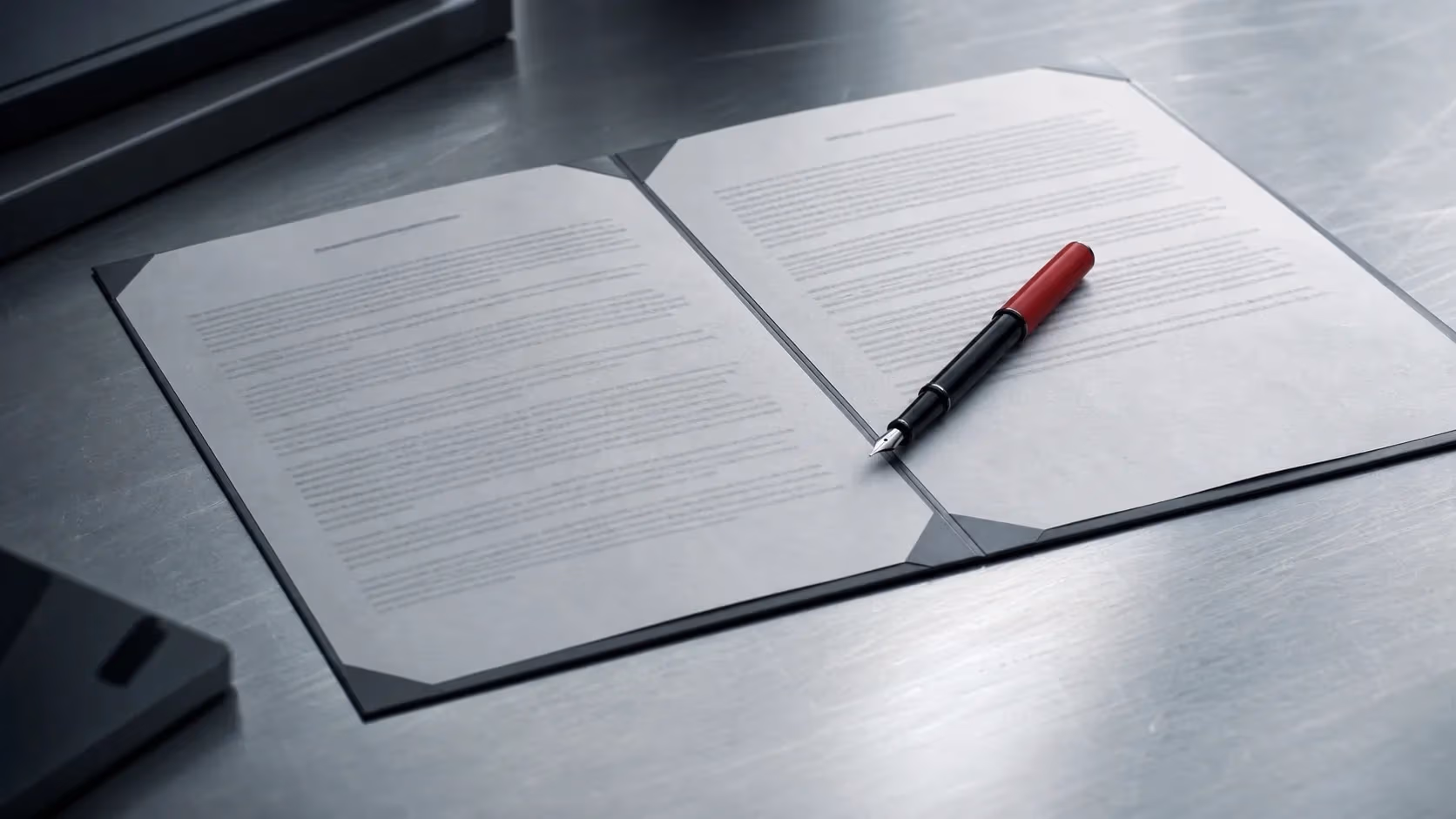 "Contratto aperto su scrivania d'acciaio con penna stilografica dal cappuccio rosso: il momento prima della firma"