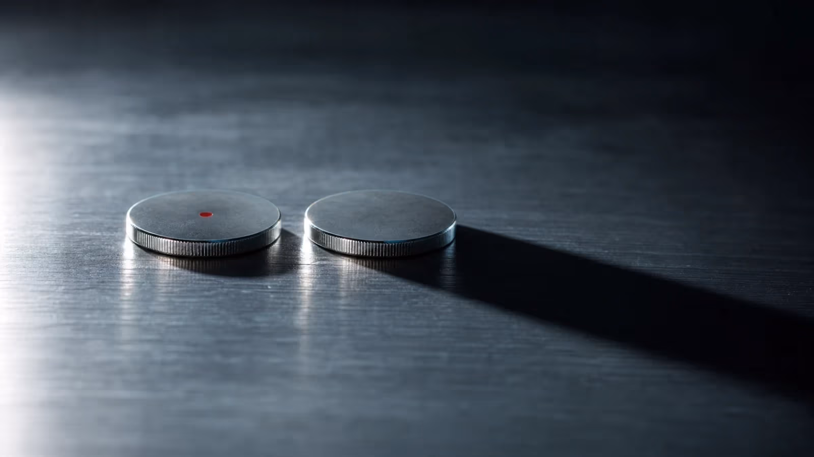 "Due monete metalliche identiche con ombre di lunghezza diversa, una con un piccolo segno rosso"